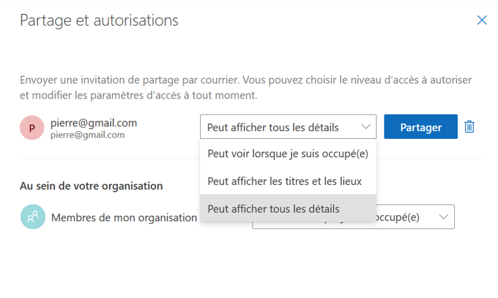 Outlook sur le Web : paramètres d’autorisation pour le partage d’un calendrier Image: Outlook sur le Web : paramètres d’autorisation pour le partage d’un calendrier