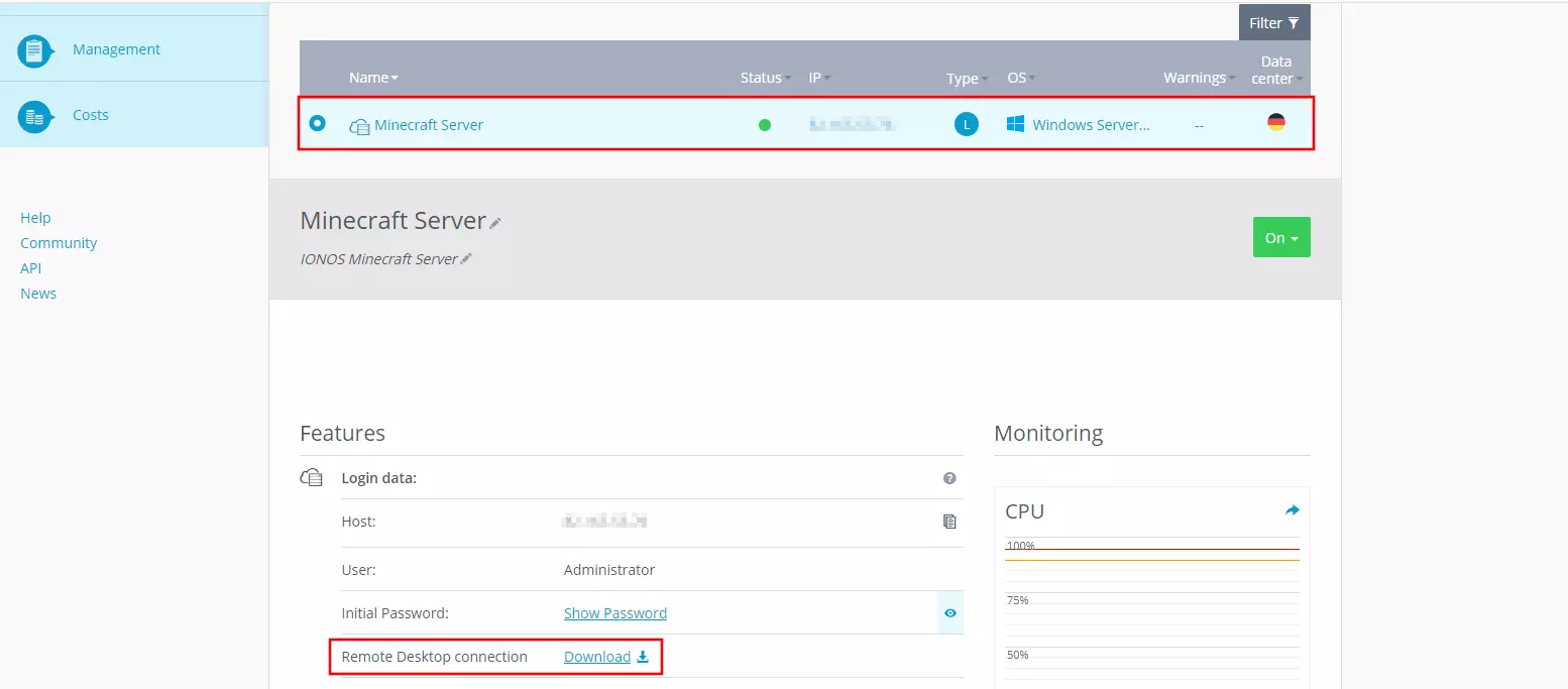 Image: Cloud Panel IONOS : sélection du serveur