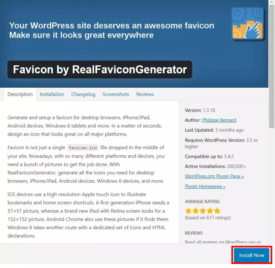 Image: Menu d’installation du plugin WordPress « Favicon by RealFaviconGenerator » 
