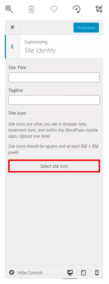 Image: Insérer un favicon dans WordPress : menu dans le Customizer 