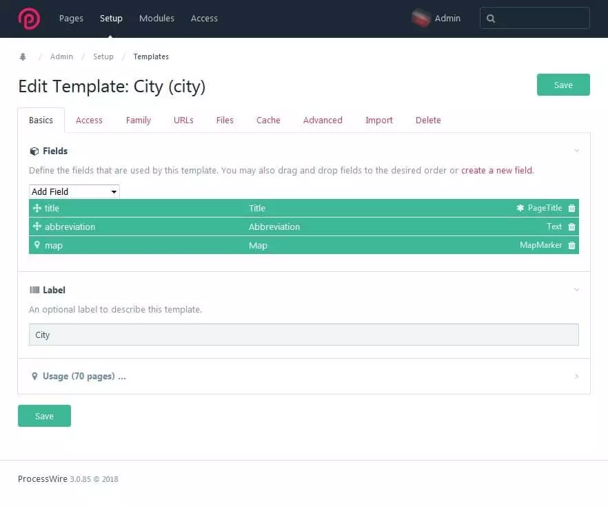 Image: Exemple d'un modèle pour la page mère « City » avec trois champs.