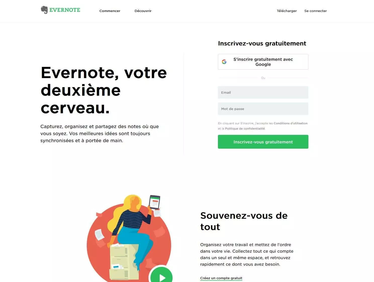 Image: Page d’accueil du site français d’Evernote avec le formulaire d’inscription